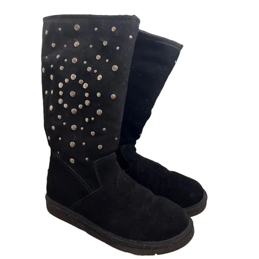 UGG Classic Rock Star Stud Tall Leather Sheepskin Shearling Winter Boots Black 7